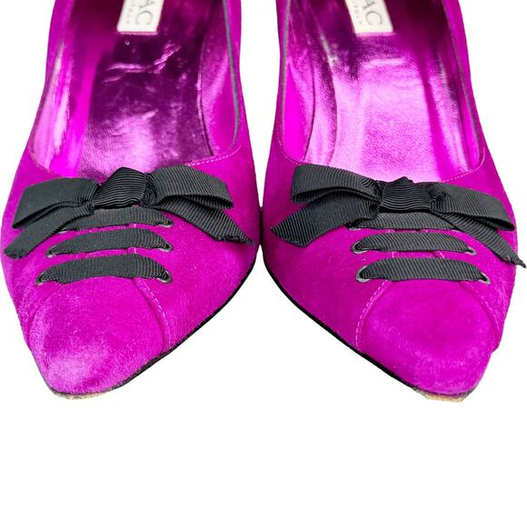 Vintage Y2K Isaac Mizrahi Suede Heels Pointed Toe Ribbon Trim Purple Black 9.5 - Picture 7 of 12